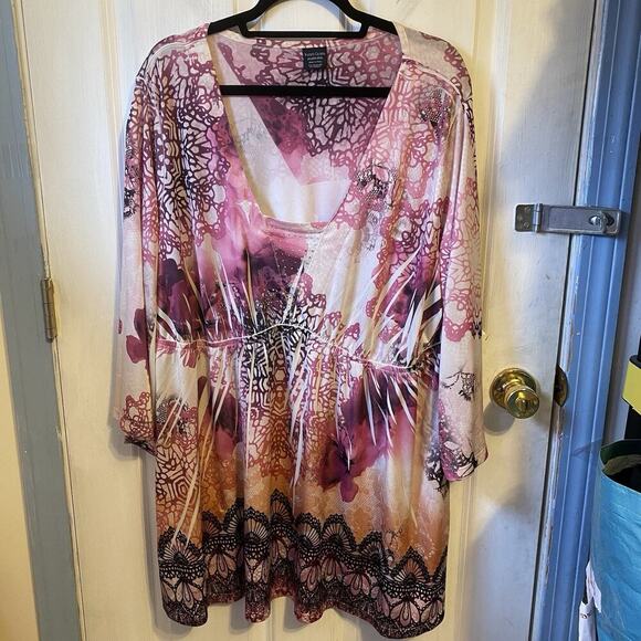 Faded Glory Babydoll Y2K Top Blouse 3X Pink Floral Boho Hippie Fairy Gypsies - Picture 1 of 8
